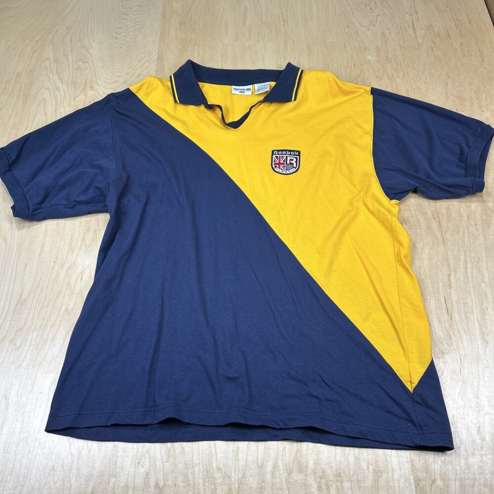 Vintage Reebok Mens Polo Shirt Large Blue Yellow Colorblock Short Sleeve Cotton